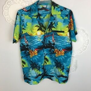 Hawaiian Tropical Shirt Large Palm Tree Island Bright Colorful Travel Vacation